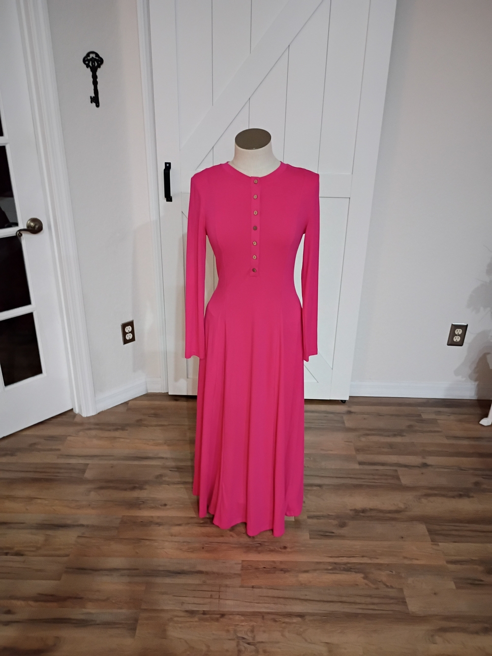 Long-Sleeve Fuchsia Fit-and-Flare Button-front (DECOR ONLY) MAXI Dress